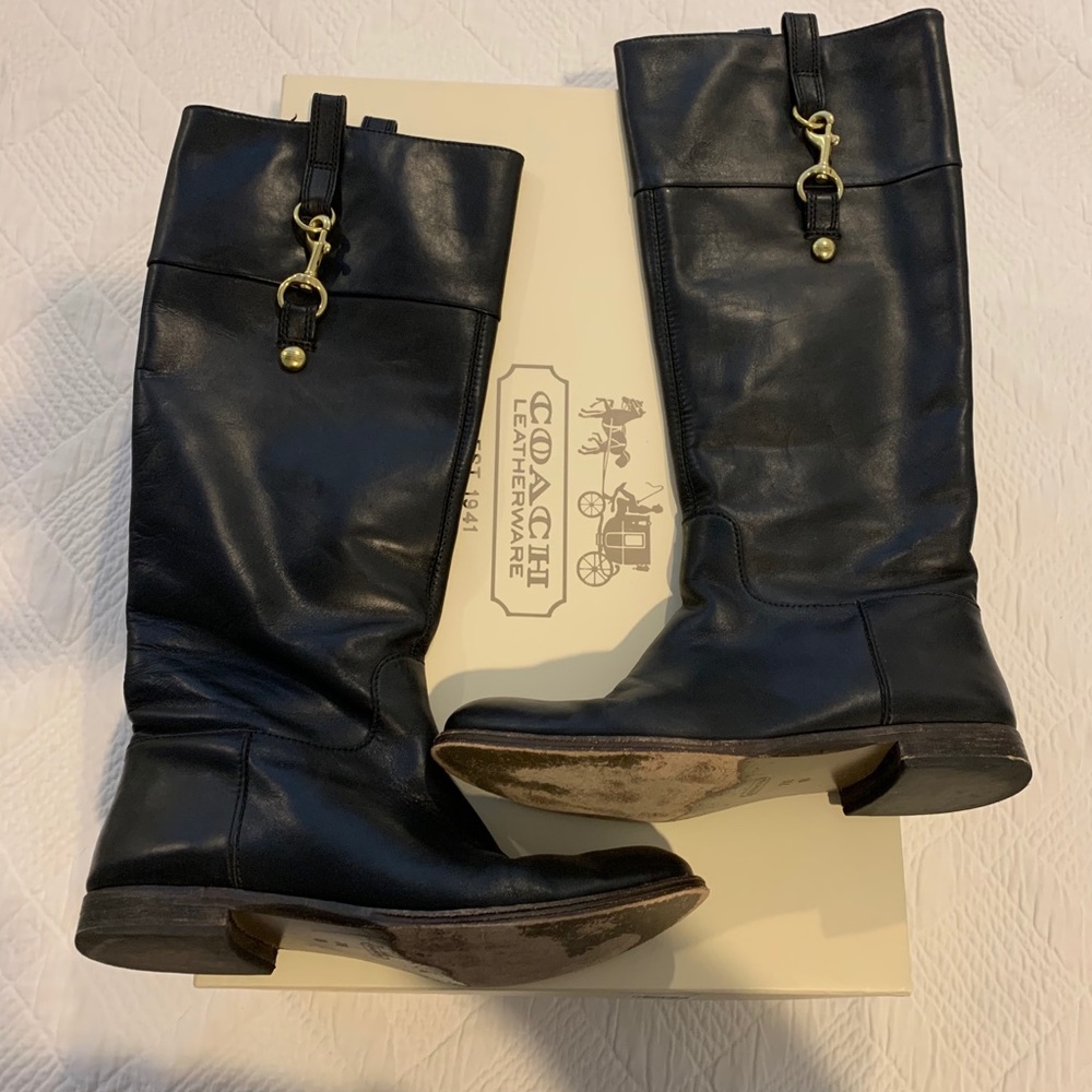 Coach Black Leather Riding Boots with Gold Hardware